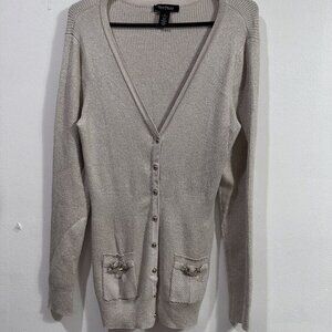 White house black market Women gold metallic sweater Long Sleeve cardigan  SZ  M